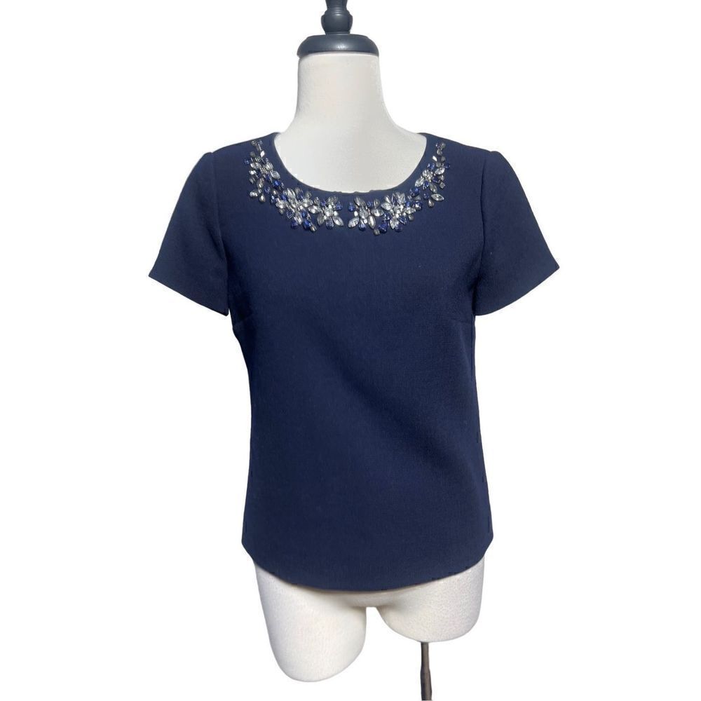 J. Crew Navy Embellished Short Sleeve Wool Career Blouse size 00
